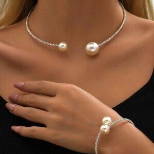 Womens Elegant Faux Pearl Decor Necklace & Cuff Bangle